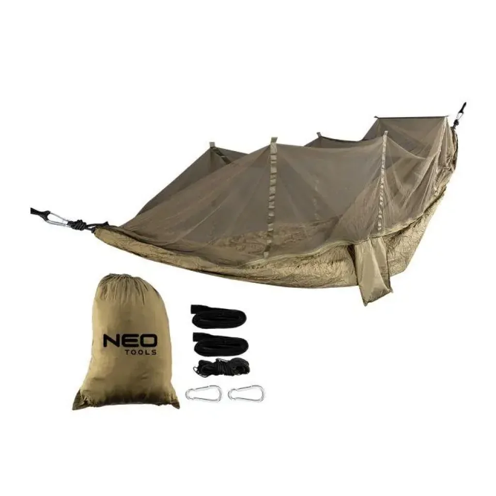 Гамак Neo Tools, з москітною сіткою, матеріал нейлон 210T, 330x140см, до 200кг, шнури, сумка для перенесення, зелений (63-123) UA