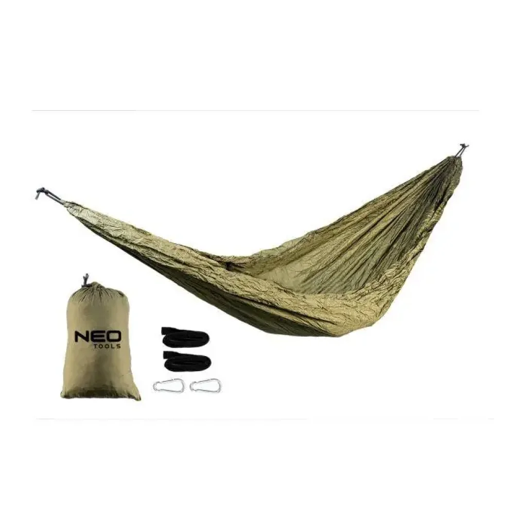 Гамак Neo Tools, матеріал нейлон 210T, 330x140см, до 200кг, шнури, сумка для перенесення, зелений (63-124) UA