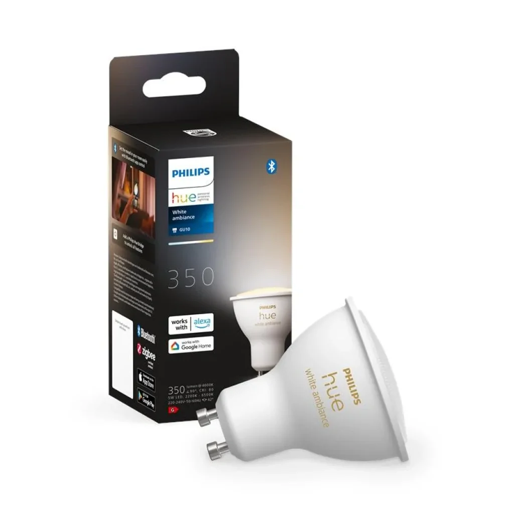 Лампа розумна Philips Hue GU10, 5W(50Вт), 2200K-6500K, Tunable white, ZigBee, Bluetooth, димування, 929001953309 UA