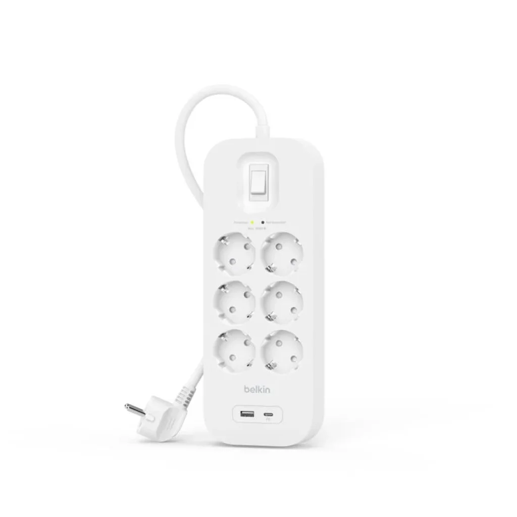 Подовжувач-фільтр мережевий Belkin 6хТип F, USB-A/USB-C 18Вт, 16А з захистом від перенапруги, 2м, SRB002VF2M UA