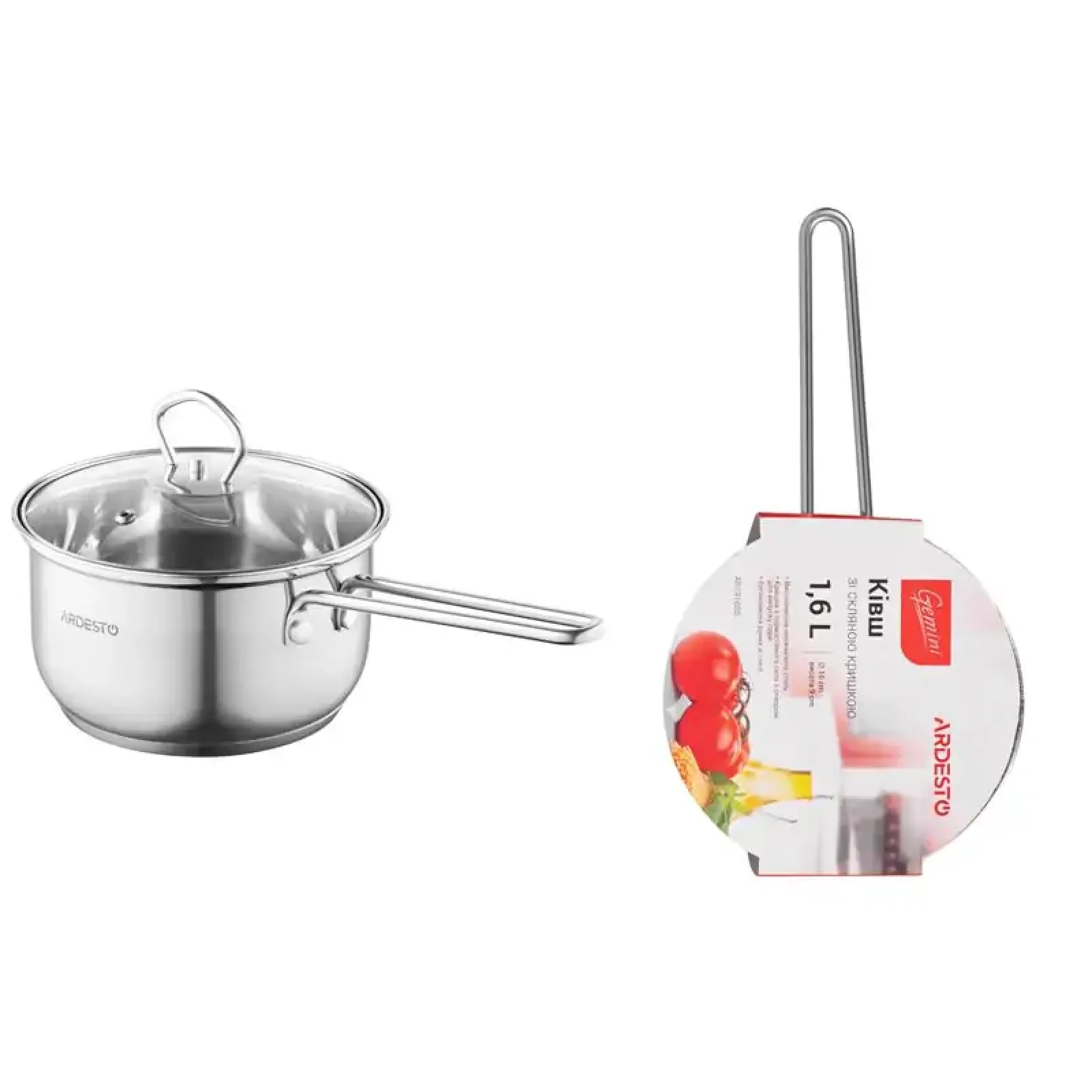 Ківш зі скляною кришкою Ardesto Gemini Bari, 1.6л, нержавіюча сталь (AR1916SS) UA