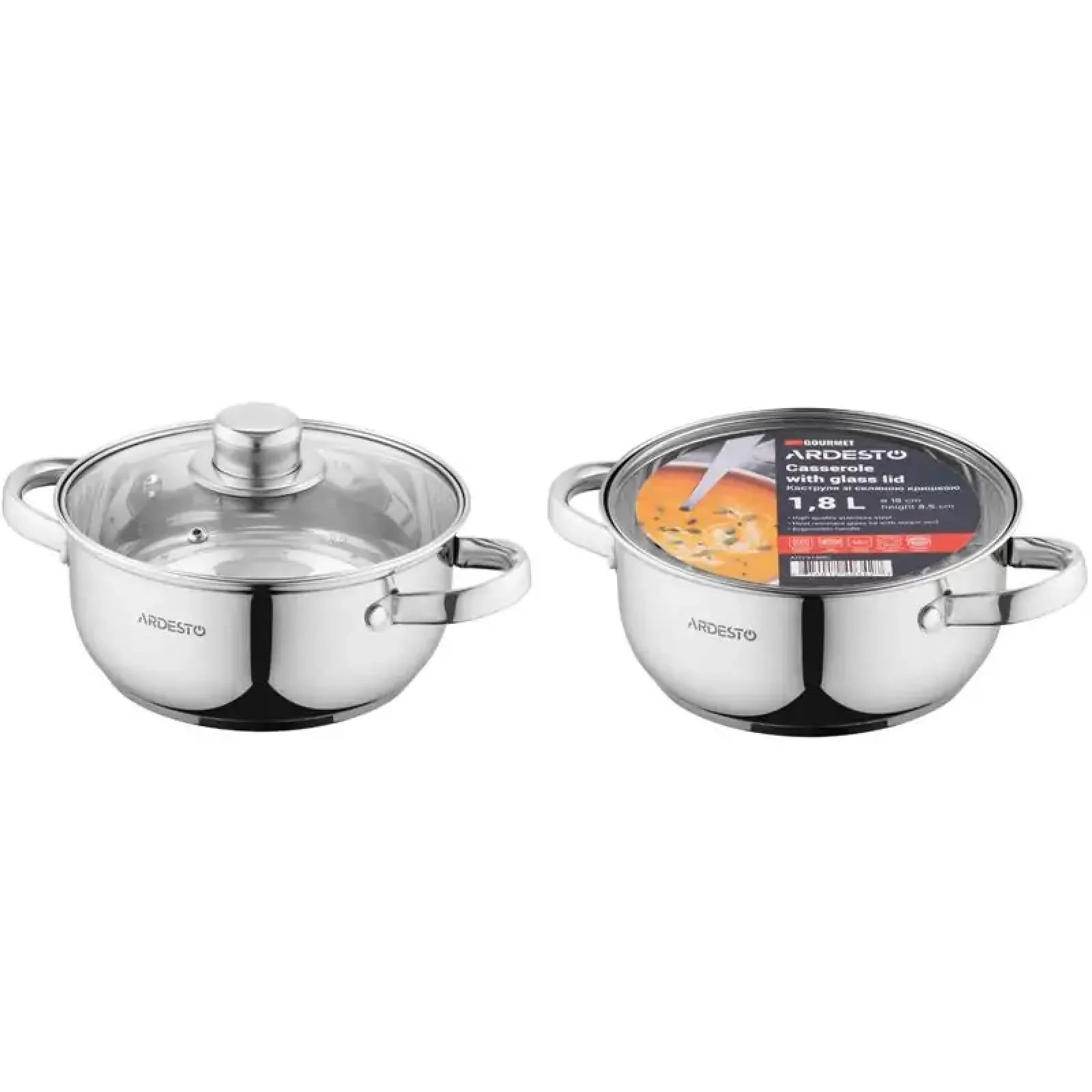 Каструля зі скляною кришкою Ardesto Gemini Gourmet Aosta, 1.8л, нержавіюча сталь (AR1918BC) UA