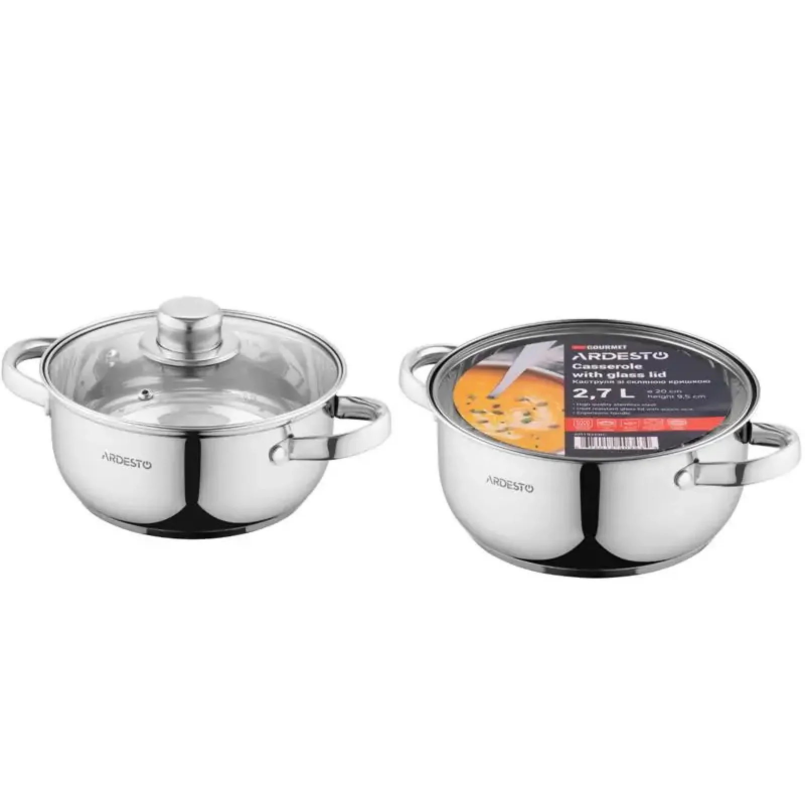 Каструля зі скляною кришкою Ardesto Gemini Gourmet Aosta, 2.7л, нержавіюча сталь (AR1926BC) UA