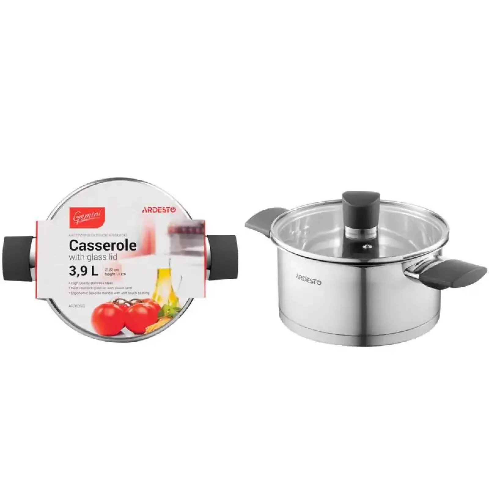 Каструля зі скляною кришкою Ardesto Gemini Trento, 3.9л, нержавіюча сталь, бакеліт (AR3639G) UA