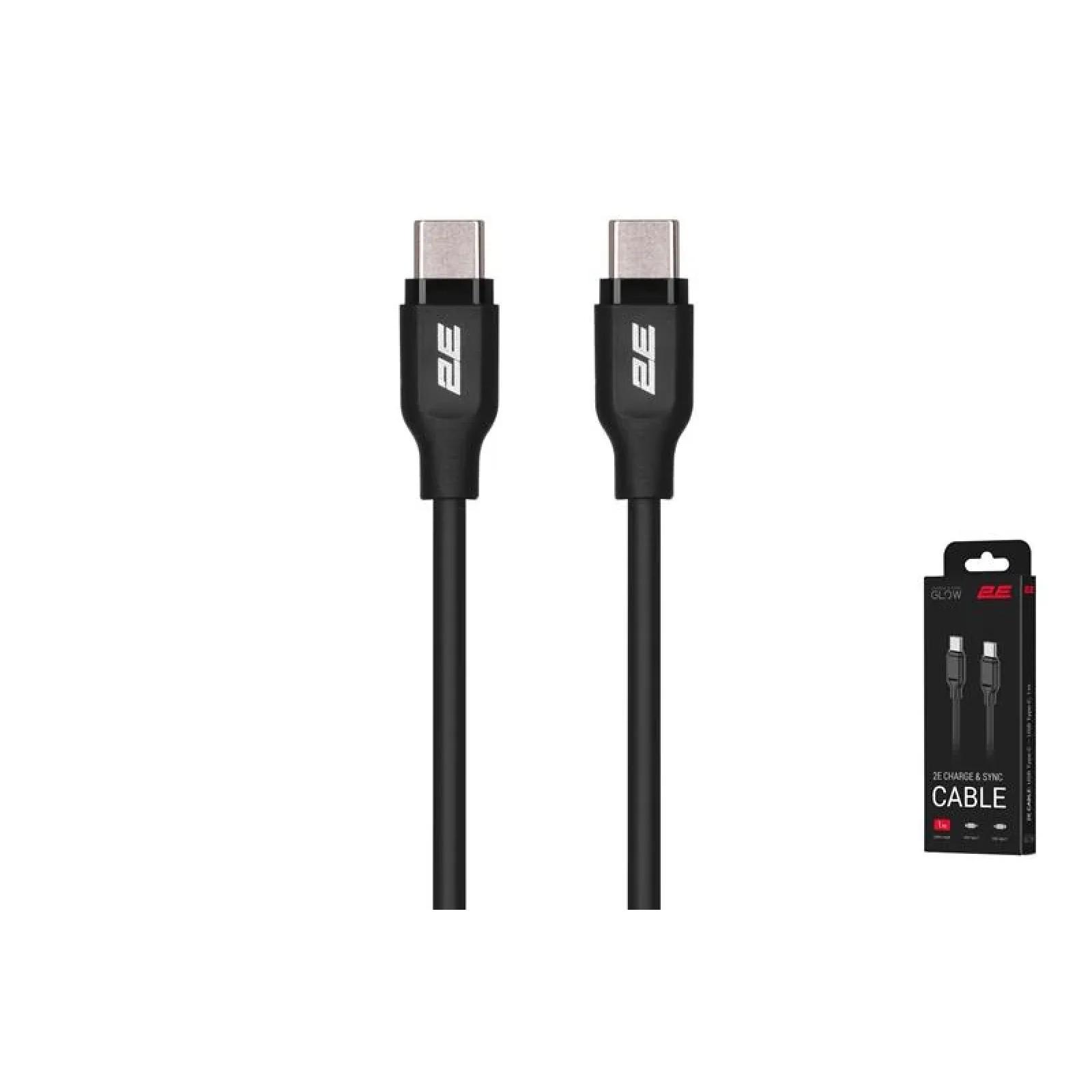 Кабель заряджання/синхронізації 2E USB-C > USB-C, 1м, 60Вт, Glow, чорний, 2E-CCCC-BL UA