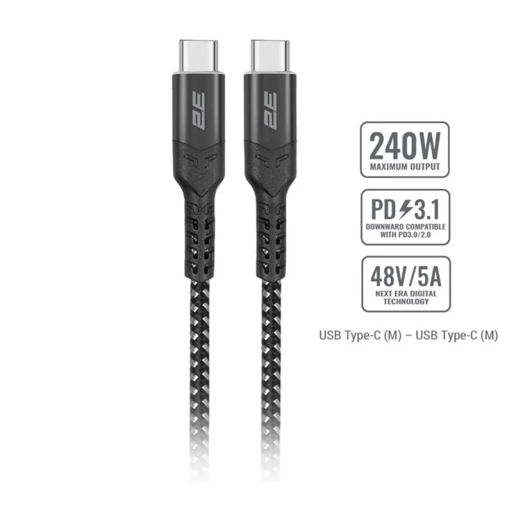 Кабель заряджання/синхронізації 2E USB-C > USB-C, 1м, 240Вт, плетений, чорний, 2E-CCCCAL-WH UA