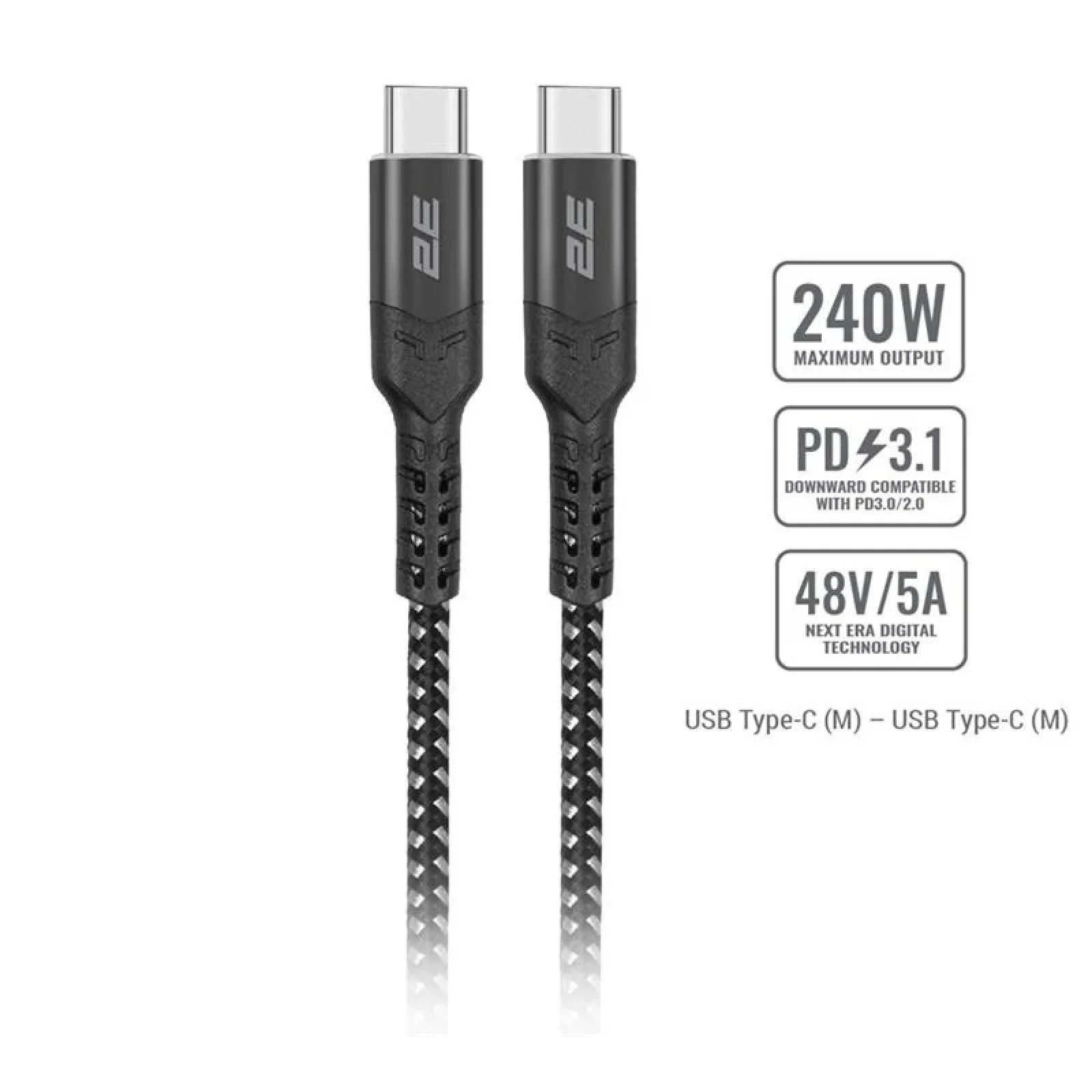 Кабель заряджання/синхронізації 2E USB-C > USB-C, 1м, 240Вт, плетений, чорний, 2E-CCCCAL-WH UA