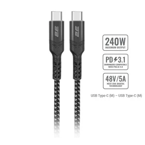 Кабель заряджання/синхронізації 2E USB-C > USB-C, 1м, 240Вт, плетений, чорний, 2E-CCCCAL-WH UA