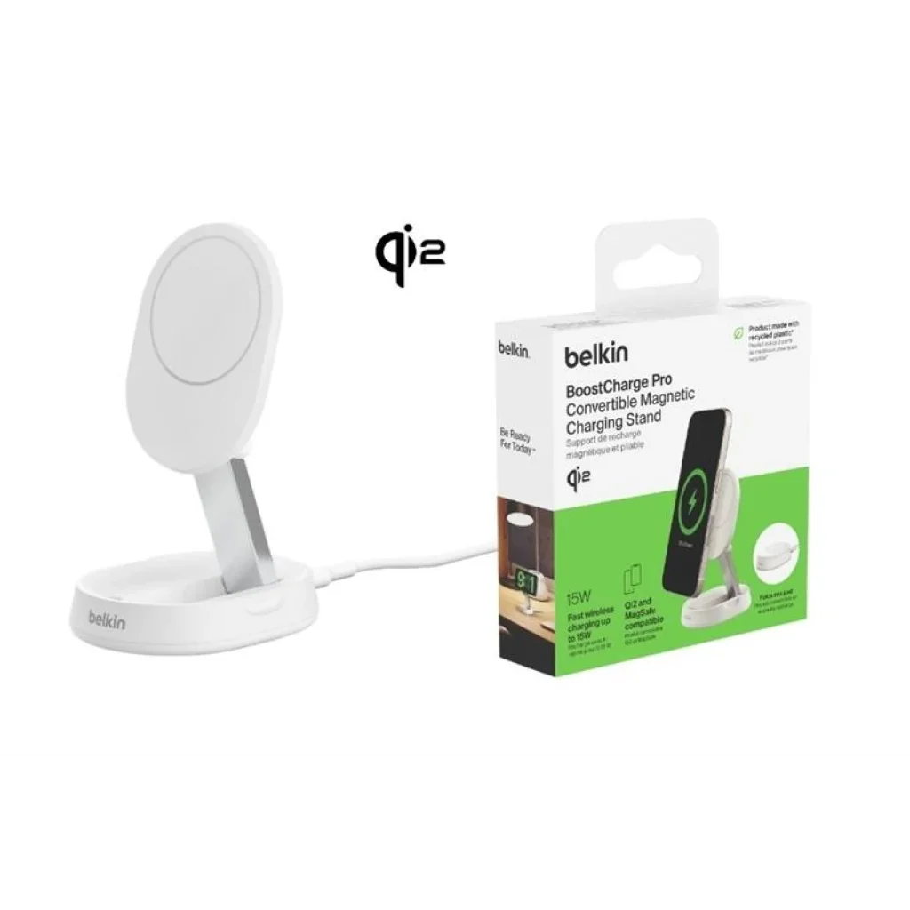 Зарядний пристрій бездротовий Belkin 15Вт Magnetic Stand Qi2, білий, WIA008BTWH UA