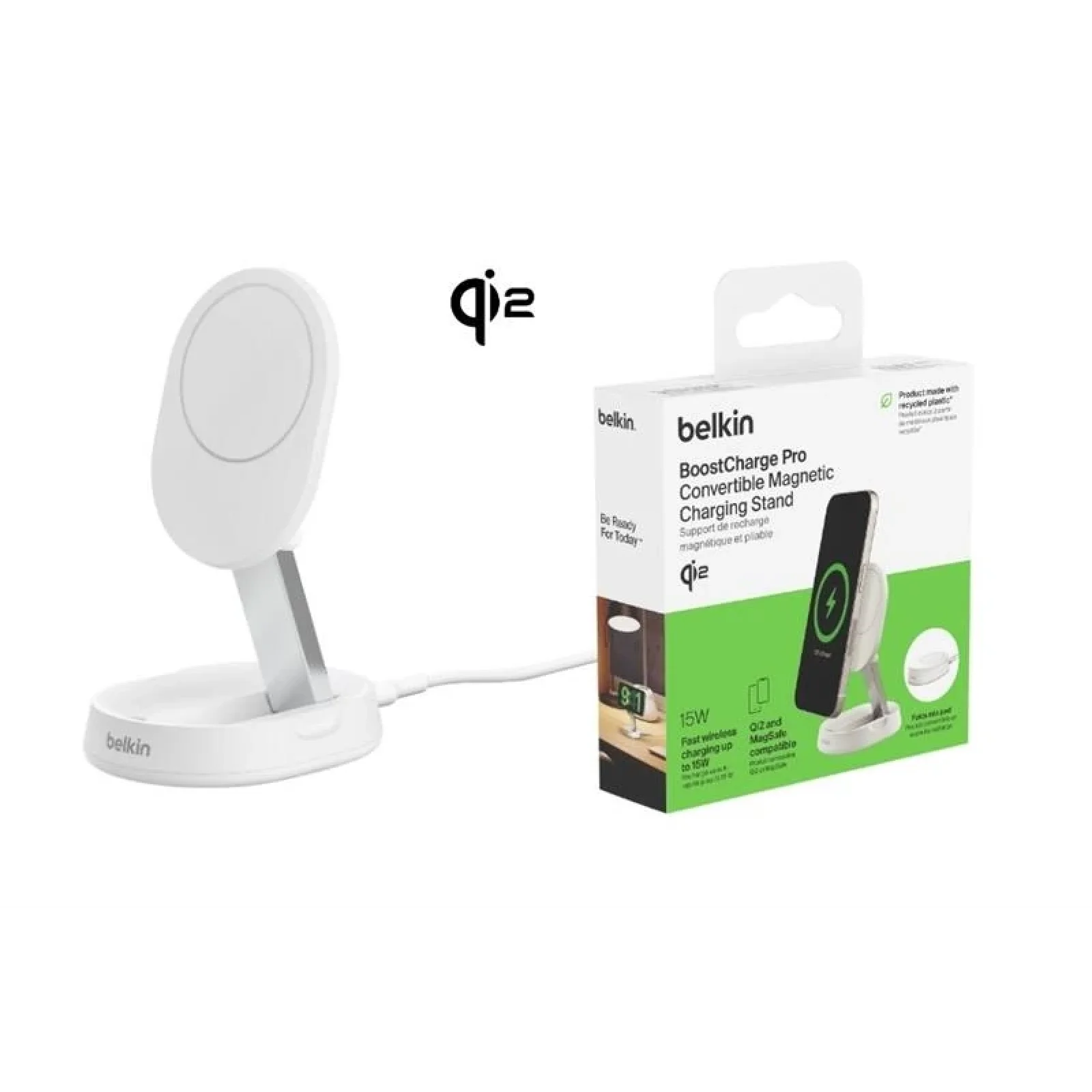 Зарядний пристрій бездротовий Belkin 15Вт Magnetic Stand Qi2, білий, WIA008BTWH UA