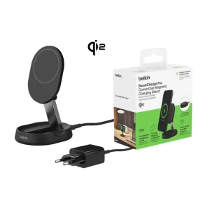 Бездротова зарядка Belkin 15Вт Magnetic Stand Qi2, адаптер 20Вт USB-C, чорний, WIA008VFBK UA