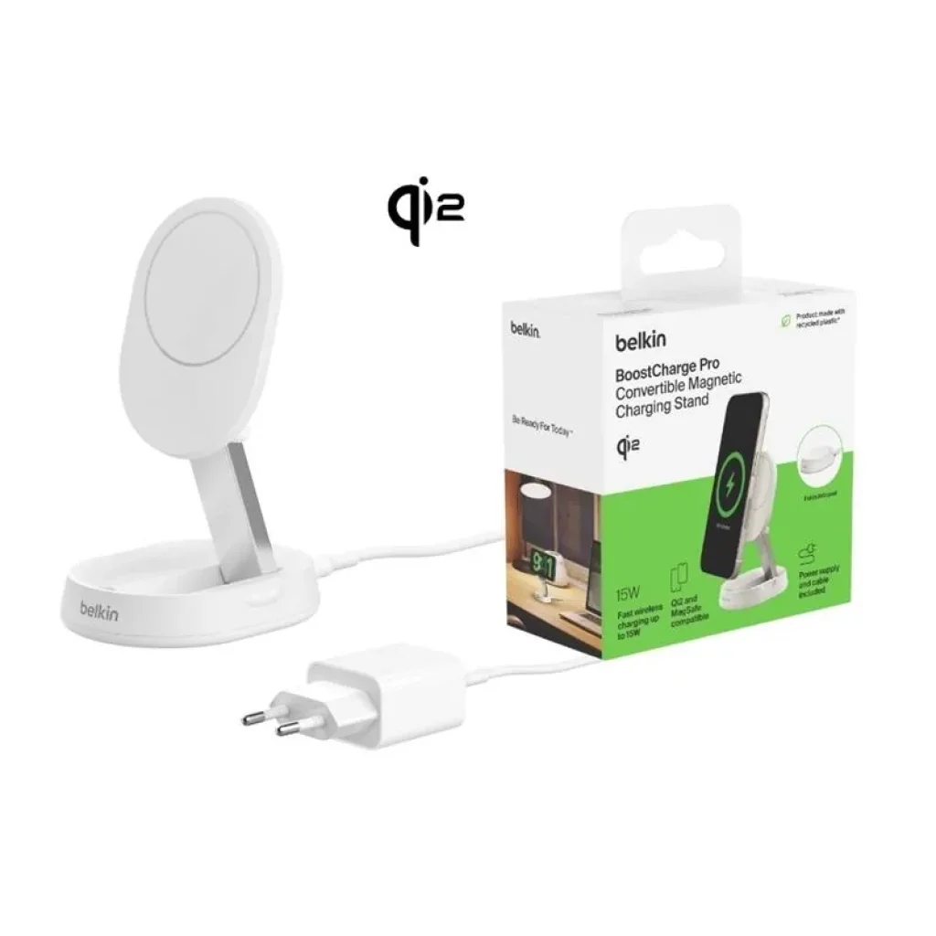 Бездротова зарядка Belkin 15Вт Magnetic Stand Qi2, адаптер 20Вт USB-C, білий, WIA008VFWH UA