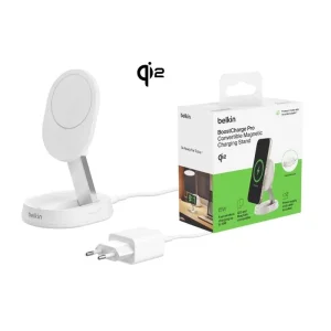 Бездротова зарядка Belkin 15Вт Magnetic Stand Qi2, адаптер 20Вт USB-C, білий, WIA008VFWH UA