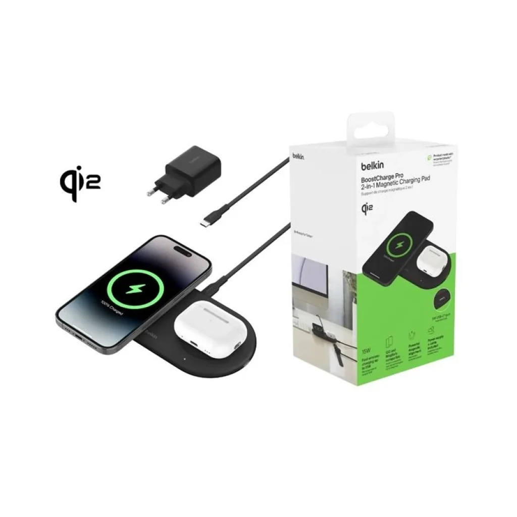 Бездротова зарядка Belkin 2в1 15Вт Pad Qi2, чорний, WIZ021VFBK UA