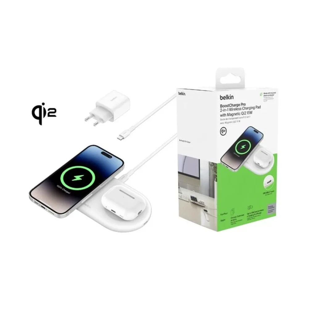 Зарядний пристрій бездротовий Belkin 2в1 15Вт Pad Qi2, білий, WIZ021VFWH UA