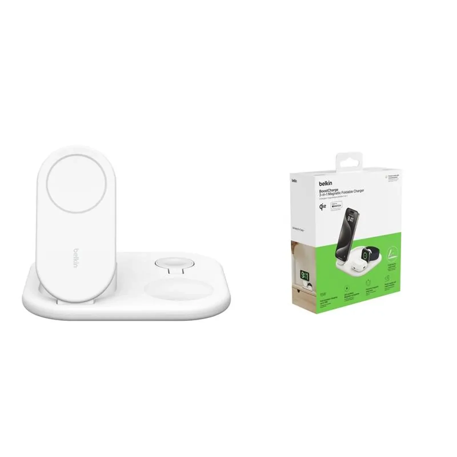 Зарядний пристрій бездротовий Belkin 3в1 Magnetic Foldable iPhone/Watch/AirPods, Qi2 15Вт, білий, WIZ029VFWH UA