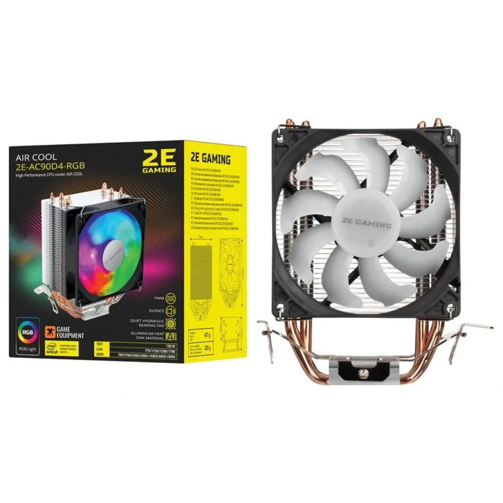 Процессорный кулер 2E GAMING AIR COOL (AC90D4-RGB) RGB, 775,115X,1366,1700 FM1,FM2, AM2,AM2+, AM3,AM3+,AM4, 90мм, 2510-4pin, TDP 130W, 2E-AC90D4-RGB UA