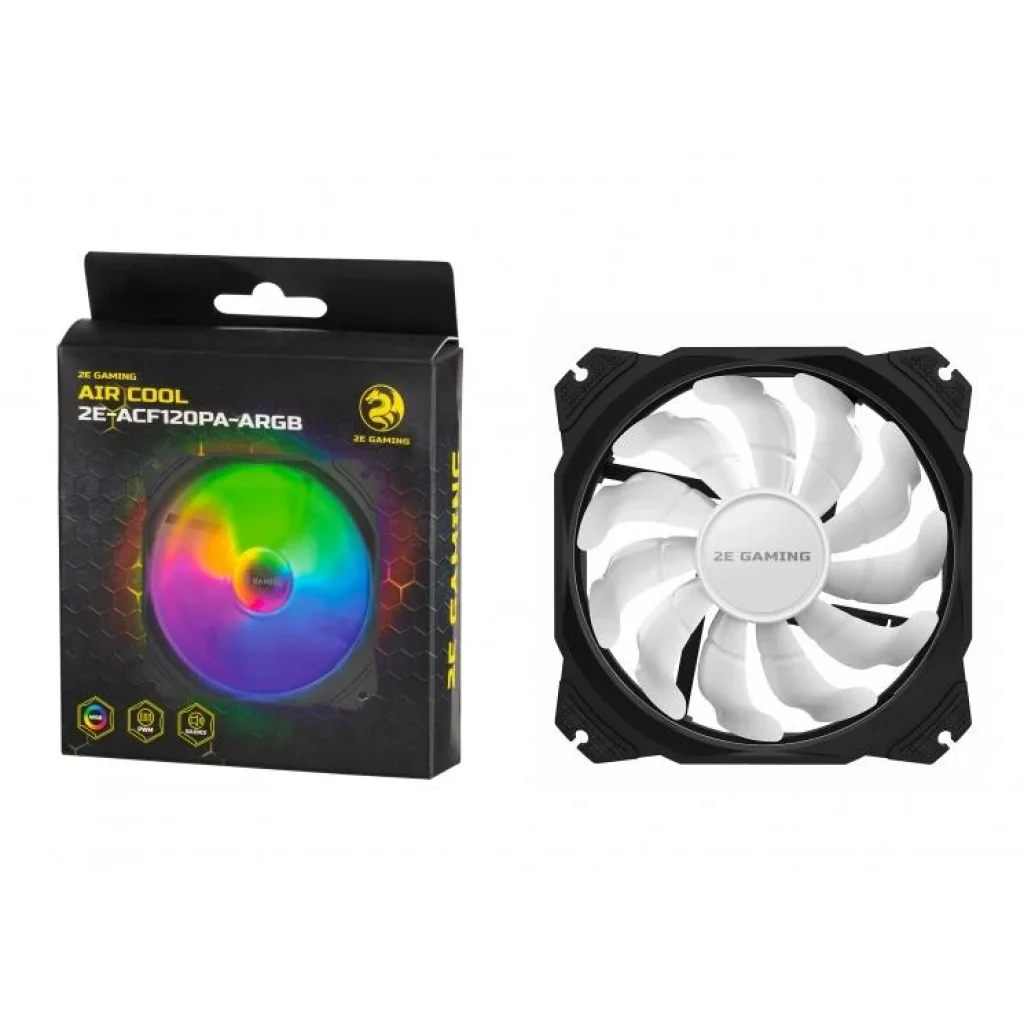 Корпусний вентилятор 2E GAMING AIR COOL (ACF120PA-ARGB ), 120мм, 2510-4pin + 5V 3pin RGB, білі лопаті, чорна рамка, 2E-ACF120PA-ARGB UA
