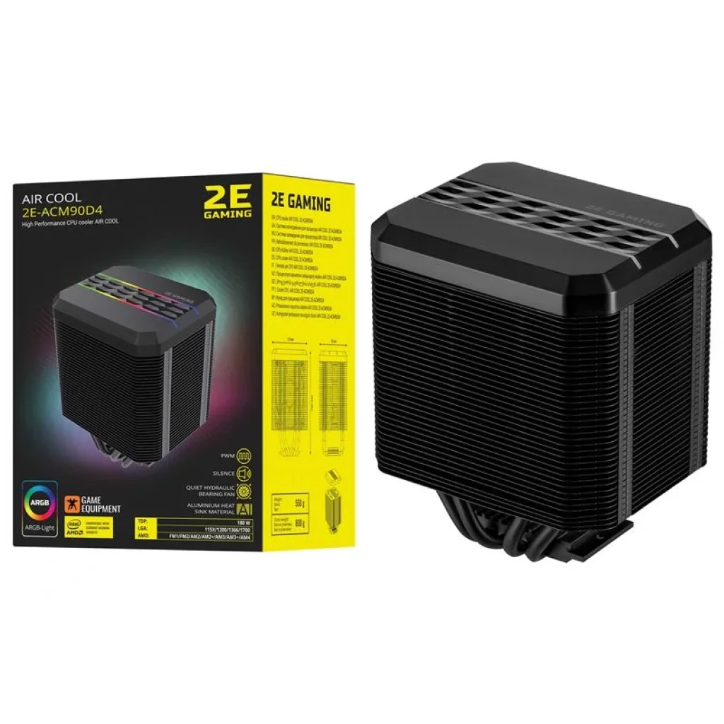 Процессорный кулер 2E GAMING AIR COOL (ACM90D4) ARGB, 115X,1200,1366,1700 FM1,FM2,AM2,AM2+,AM3,AM3+,AM4, 90мм,TDP 180W, 2E-ACM90D4 UA