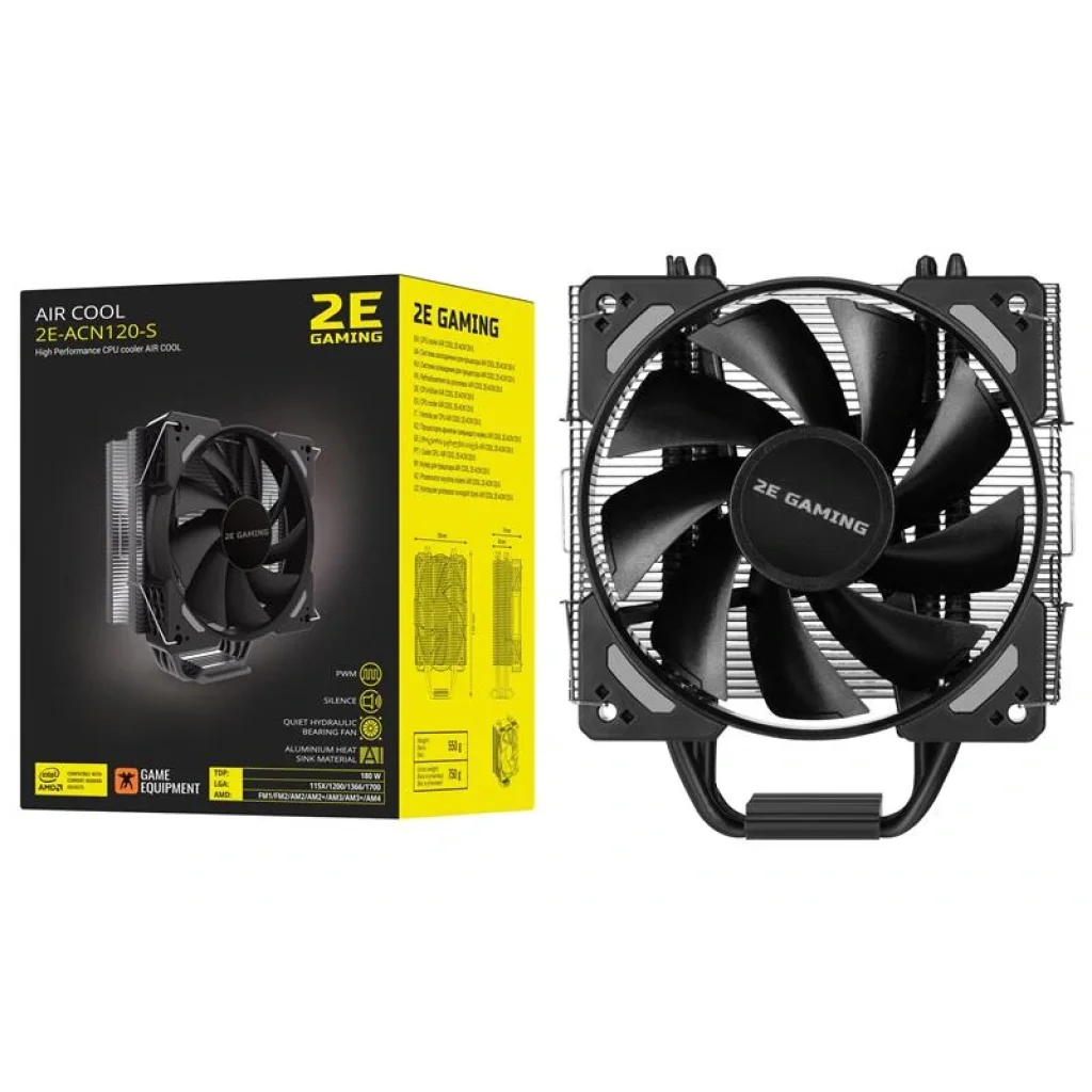 Процесорний кулер 2E GAMING AIR COOL (ACN120-S) 115X,1200,1366,1700 FM1,FM2,AM2,AM2+,AM3,AM3+,AM4, 120мм,TDP 180W, 2E-ACN120-S UA