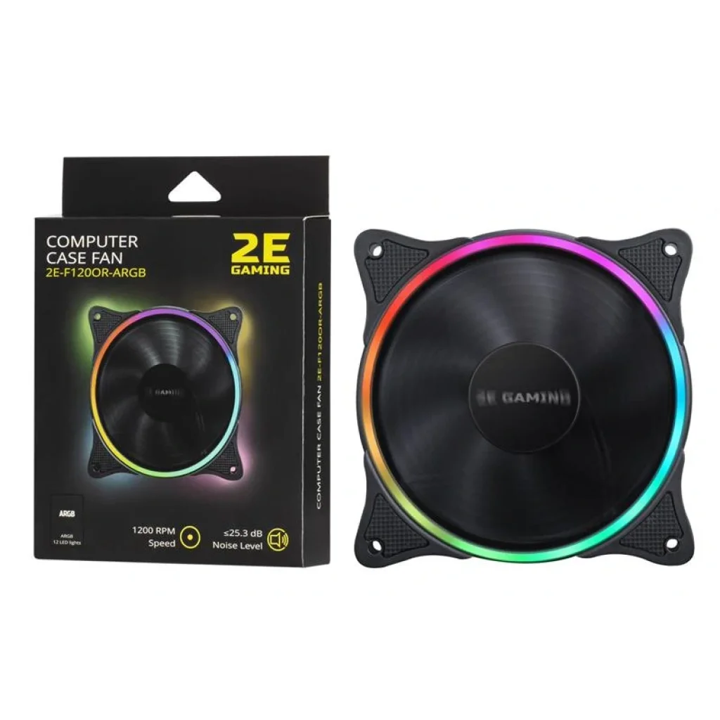 Корпусной вентилятор 2E GAMING (F120OR-ARGB) 120мм, 3pin fan, 3 pin +5V Aura, черные лопасти, черная рамка, outer LED, 2E-F120OR-ARGB UA