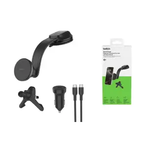 Автомобільний тримач смартфона Belkin Qi2 з бездротовою зарядкою (дефлектор/панель) + USB-C 27Вт (WIC012HQBK) UA