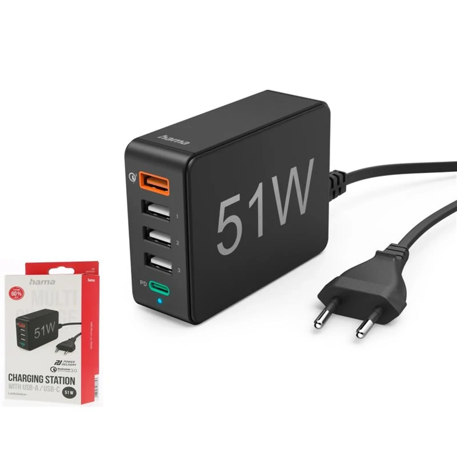 Універсальний зарядний пристрій Hama 1 x QC 3.0, 3 x USB-A, 1 x USB-C PD, 51W Black, 00201630 UA