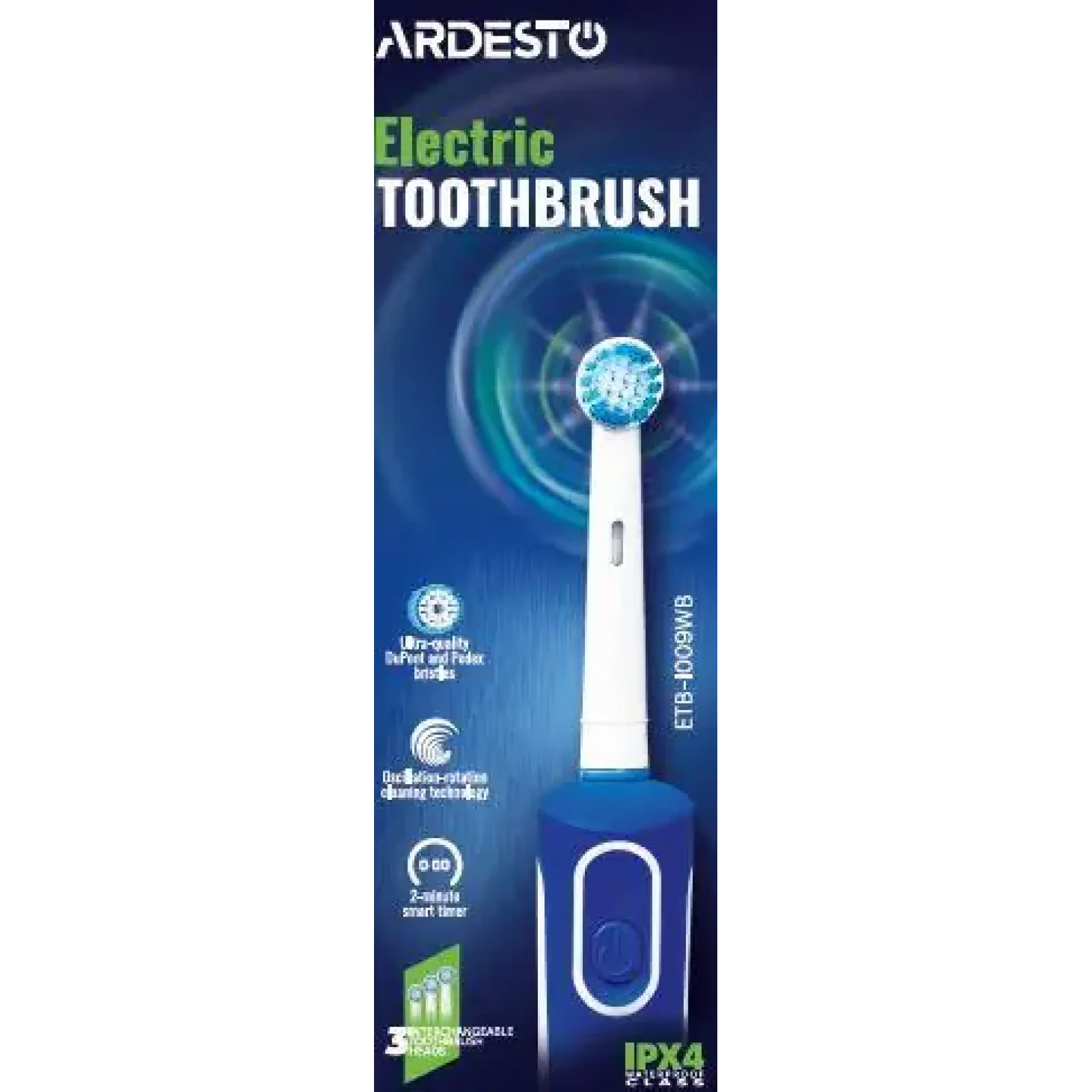 Щітка зубна електр. Ardesto, ETB-I009WB, 4,5т. колив/хв, насадок-3, IPX4, білий+синій UA