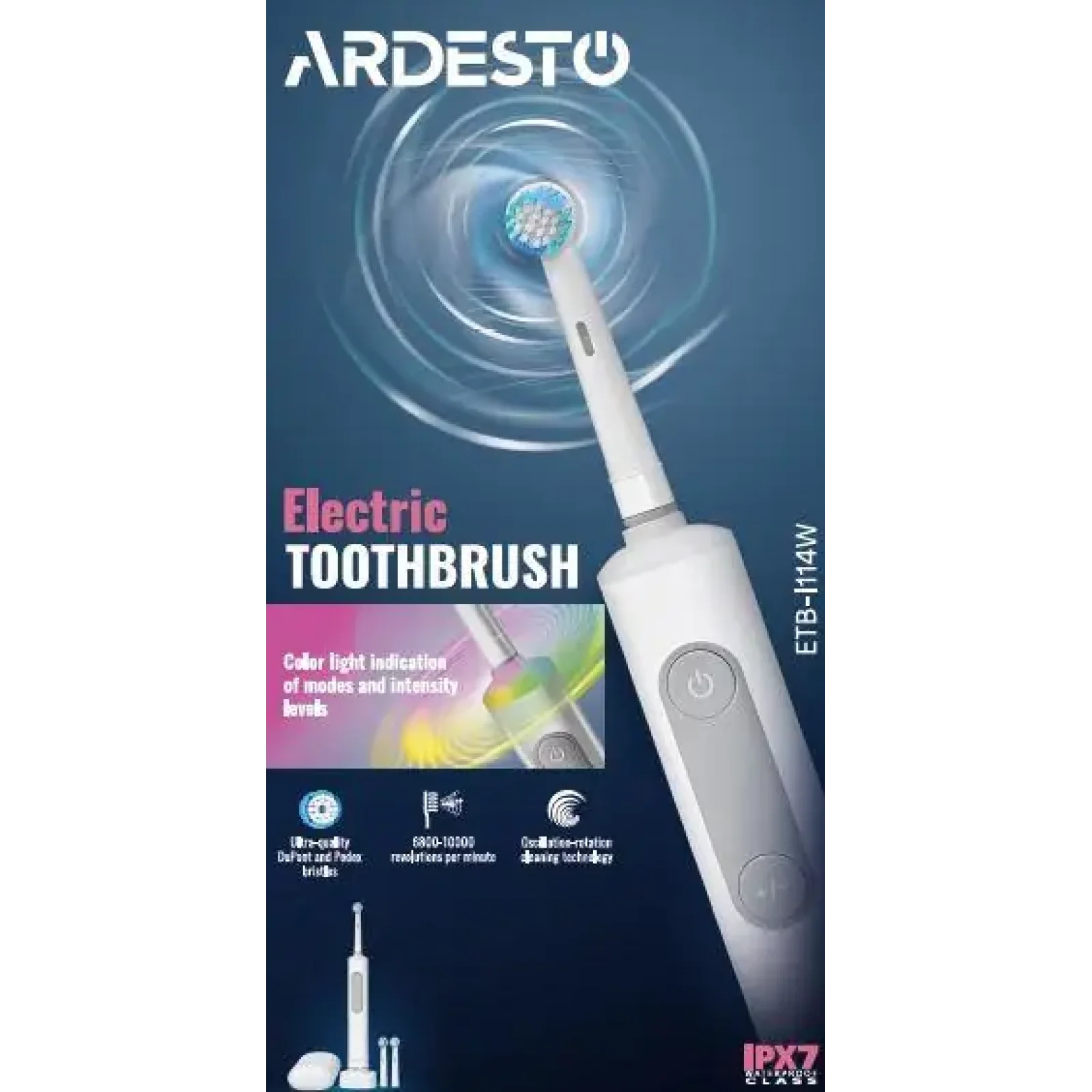 Щітка зубна електр. Ardesto, ETB-I114W, 10т. колив/хв, насадок-3, IPX7, білий UA