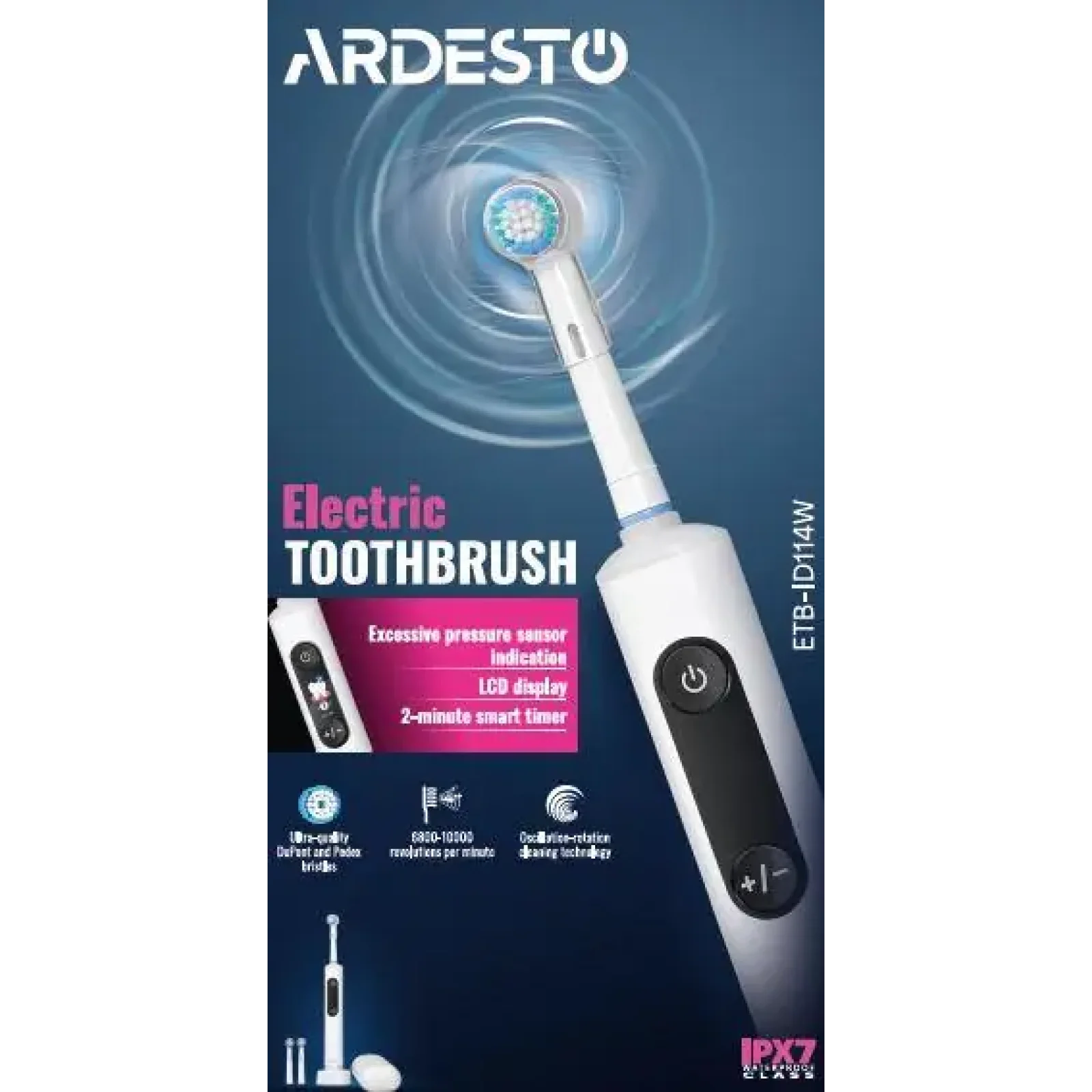 Щітка зубна електр. Ardesto, ETB-ID114W, 10т. колив/хв, насадок-3, з дісплеєм, IPX7, білий UA
