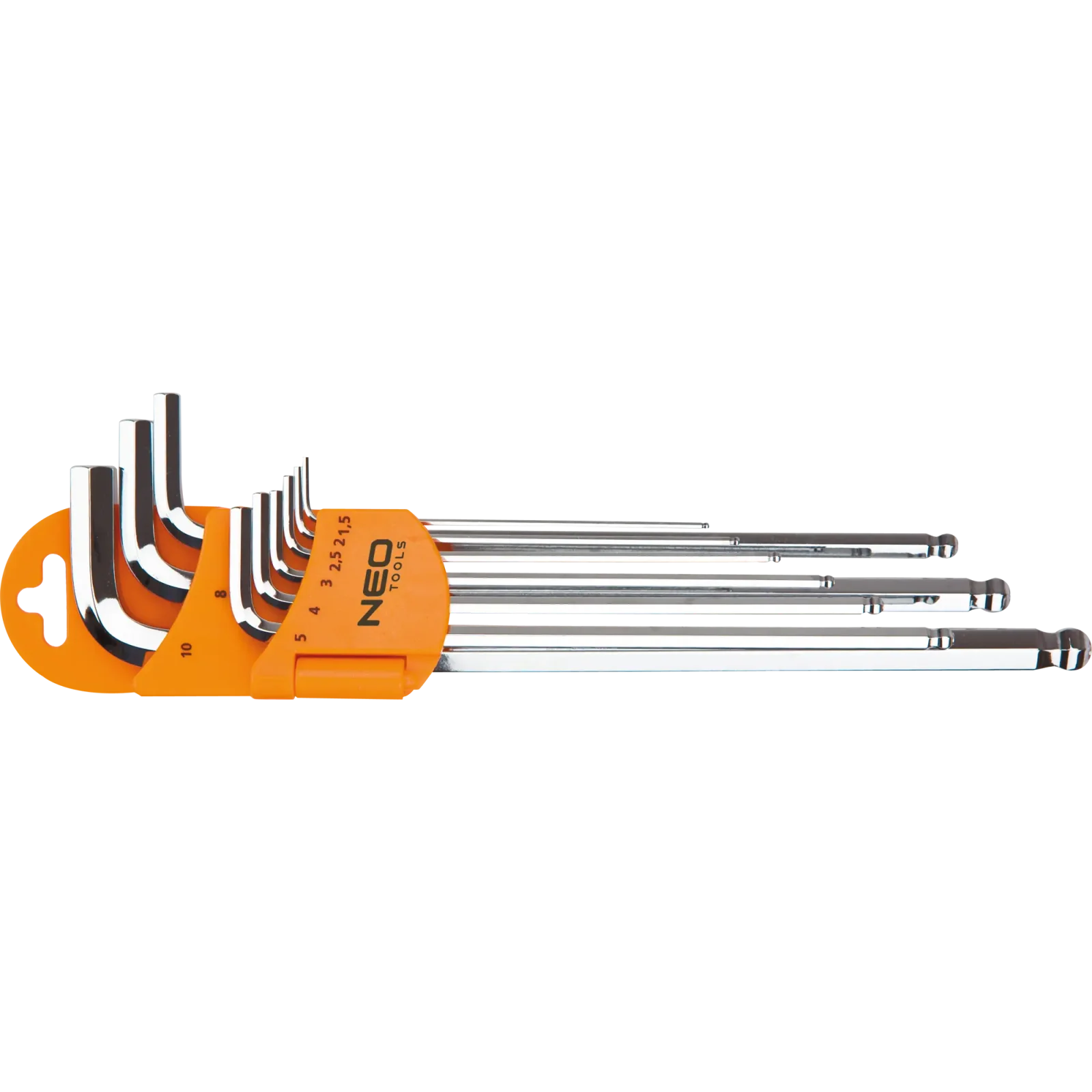 Ключі шестигранні Neo Tools, кулястий наконечник, CrV, 1.5-10мм, набір 9шт (09-525) UA