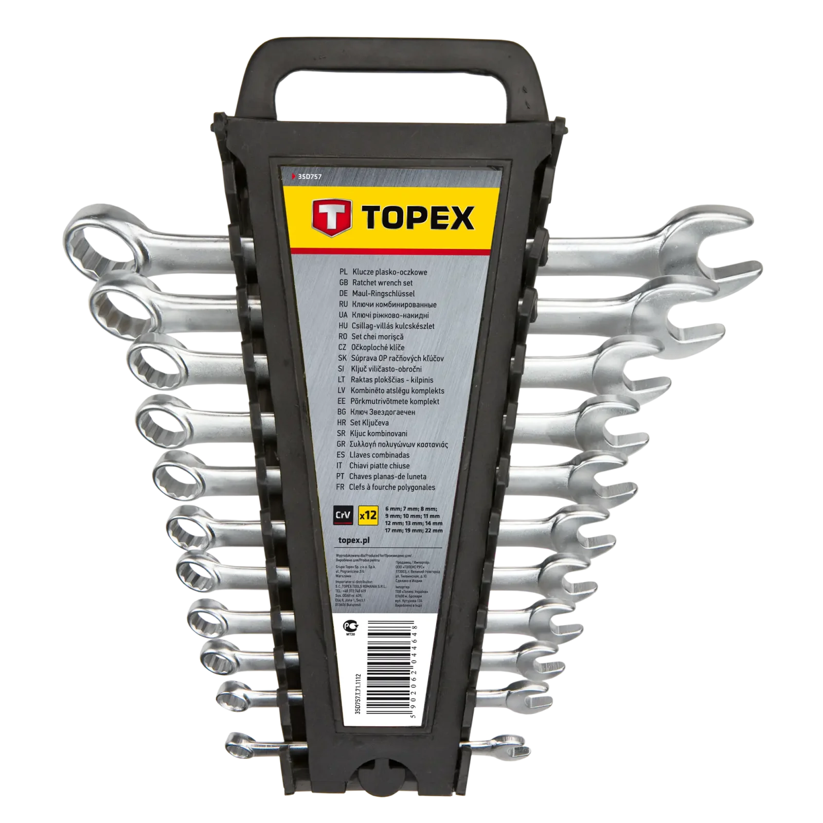 Ключі гайкові TOPEX, комбіновані, 6-22мм, CrV, набір 12шт (35D757) UA