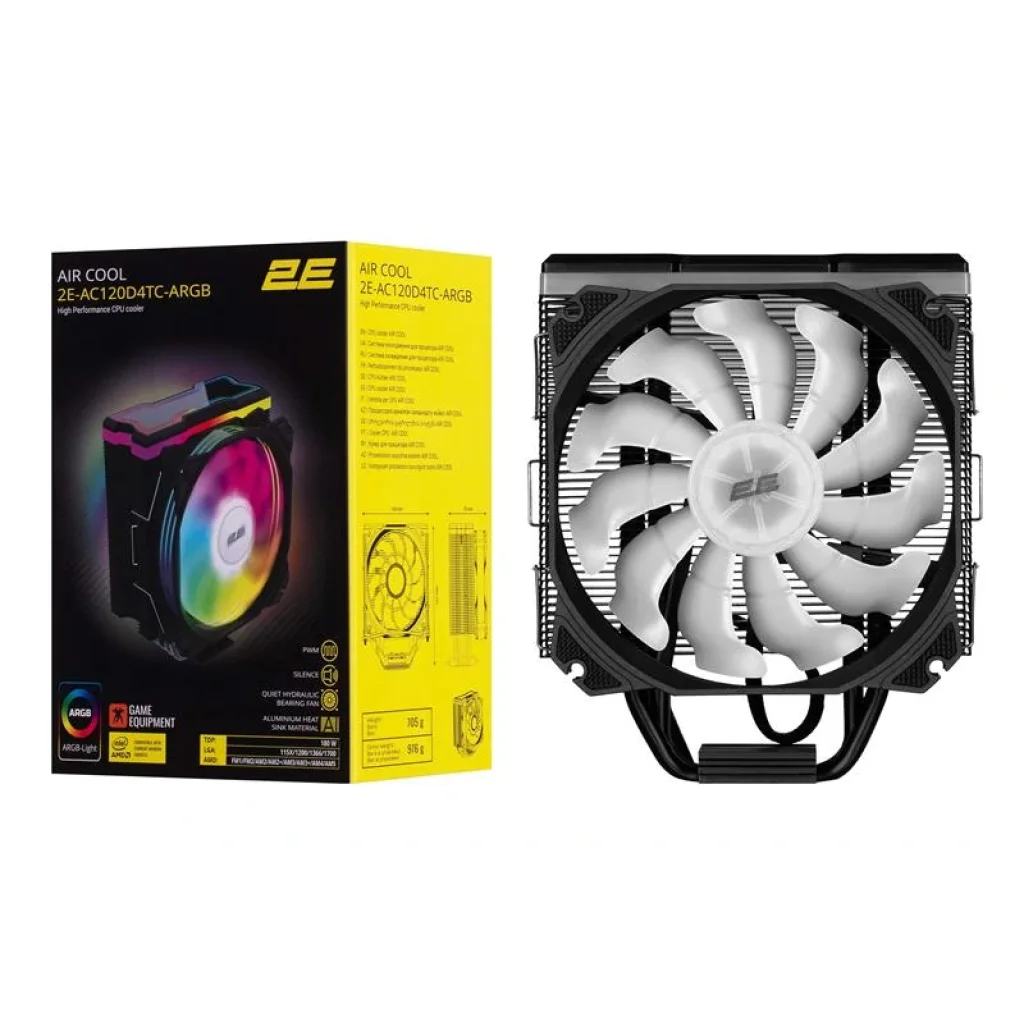 Процесорний кулер 2E Gaming Air Cool AC120D4TC-ARGB, LGA1700, 1366, 1200, 115X, AM5, AM4, AM3, AM3+, AM2, AM2+, FM2, FM1, 4pin PWM,+ 5V 3pin RGB, TDP 180W, 2E-AC120D4TC-ARGB UA