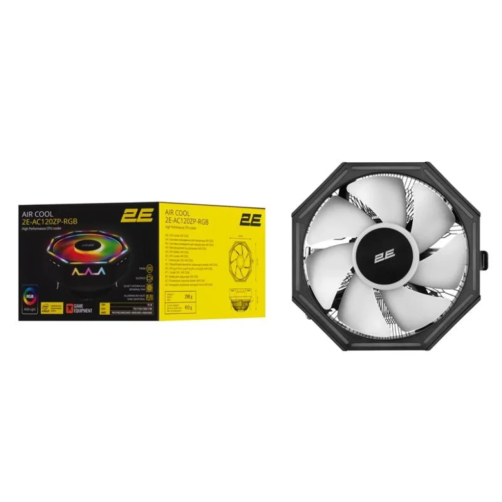 Процесорний кулер 2E Gaming Air Cool AC120ZP RGB, LGA1700, 1200, 115X, 775, AM5, AM4, AM3, AM3+, AM2, AM2+, FM2, FM1, 4pin RGB, TDP 95W, 2E-AC120ZP-RGB UA