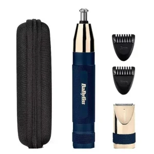 Тример Babyliss, для брів, вусів, носа та вух, 1хАА, насадок-3, чохол, сталь, синій (E112E) UA