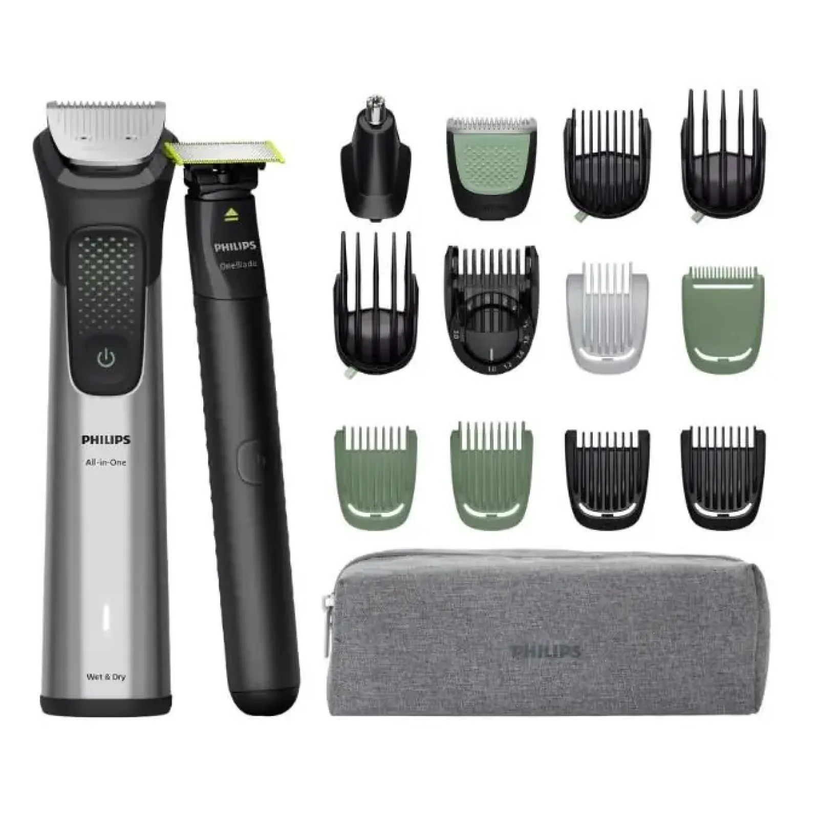 Тример Philips Series 9000, для обличчя, голови, тіла, акум., насадок-17, OneBlade в компл., сталь, сірий (MG9535/15) UA