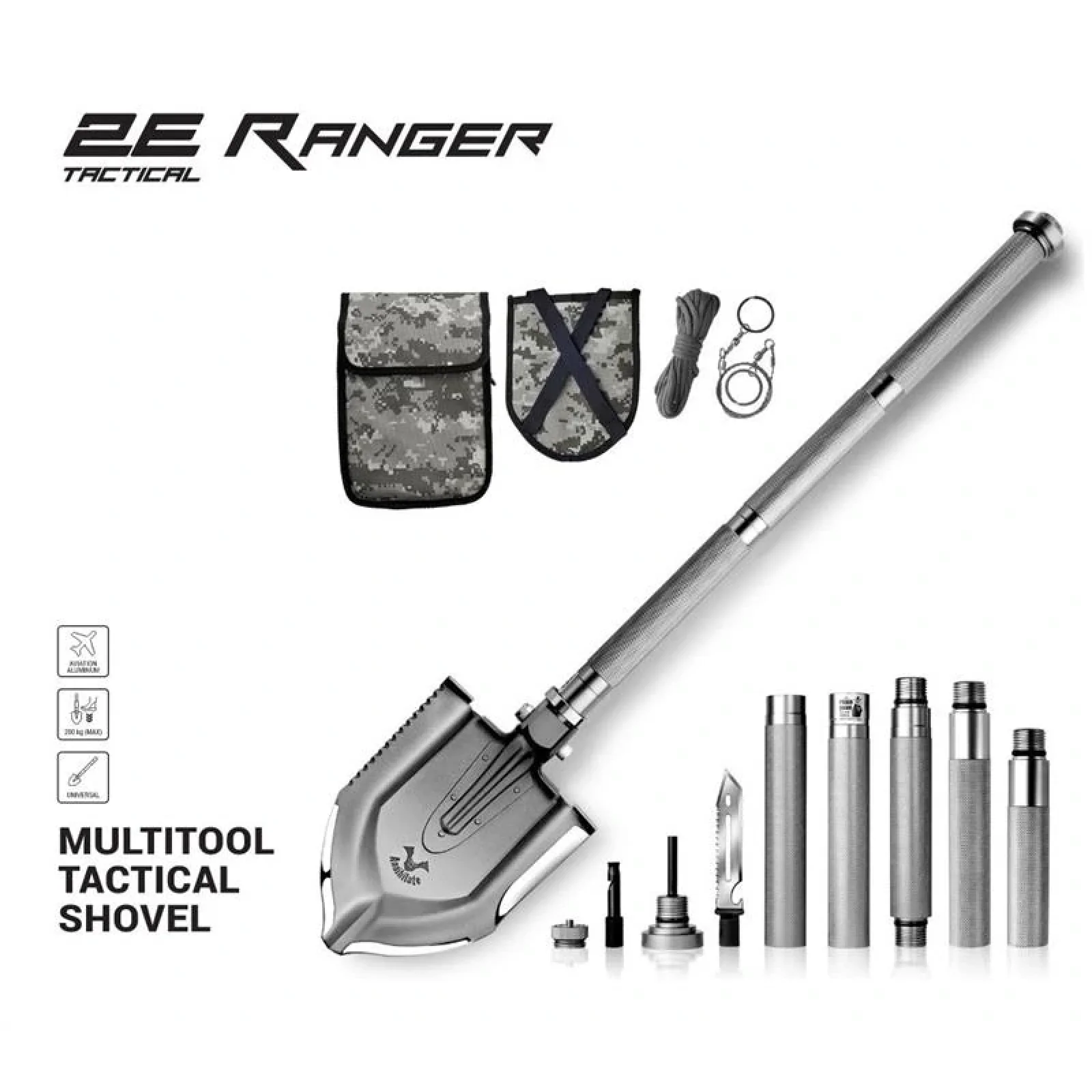 Лопата-мультитул тактична 2E Ranger Steel Gray розбірна, 22в1, з чохлом у комплекті, 103 см макс., 1.6 кг, 2E-TSMTSF1-STGR UA