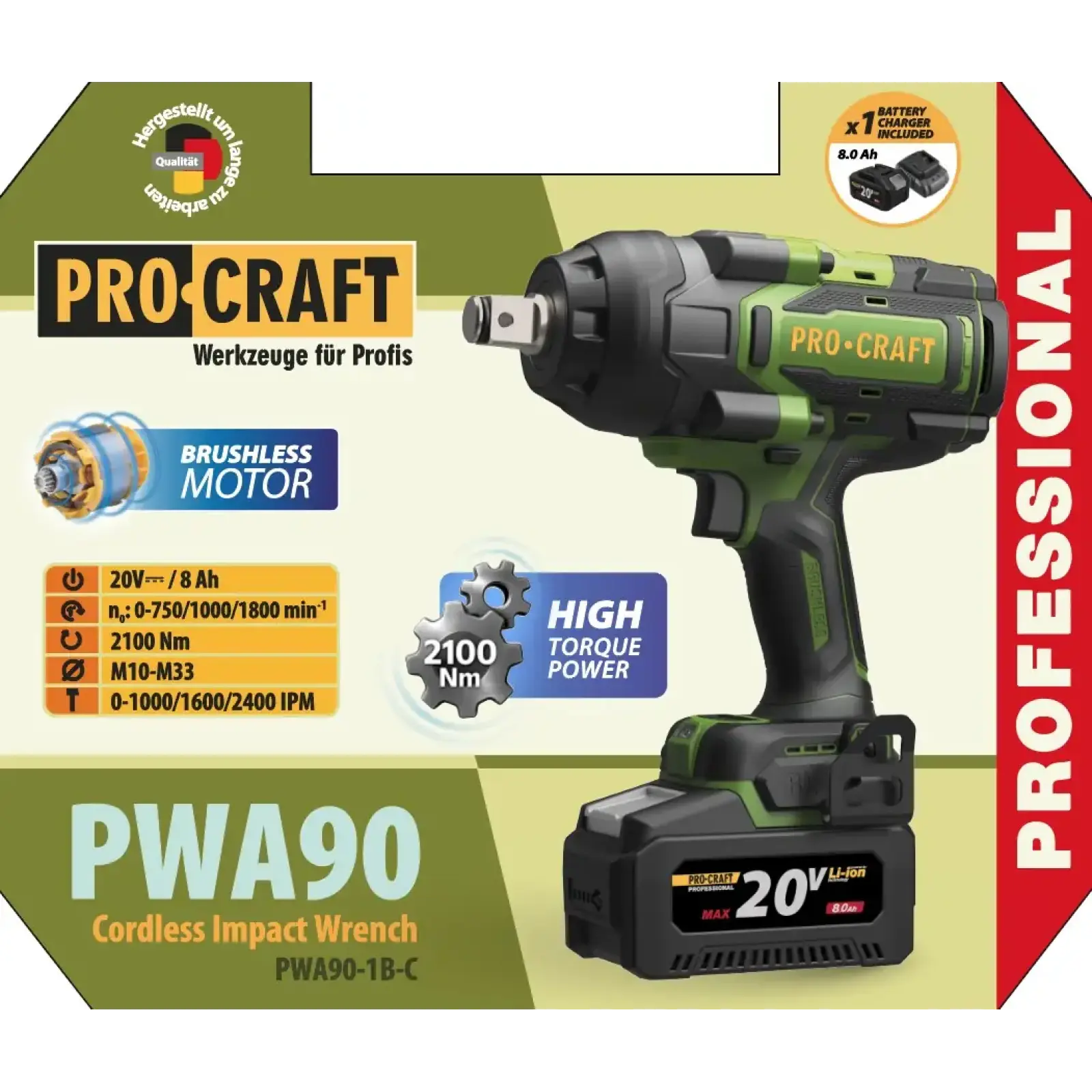 Акумуляторний гайковерт Procraft PWA90 Кейс (з 1 АКБ та ЗП) (PWA90_1b) UA