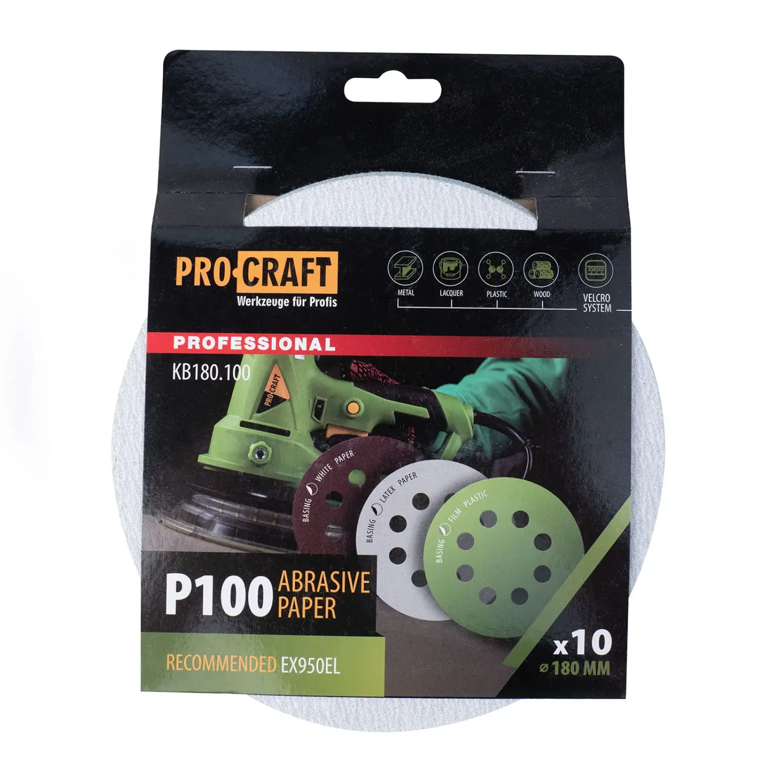 Круг шліфувальний самозачепний Procraft KB180.100 UNIVERSAL (набір 10 шт.) 8 отв. (KB180_100) UA