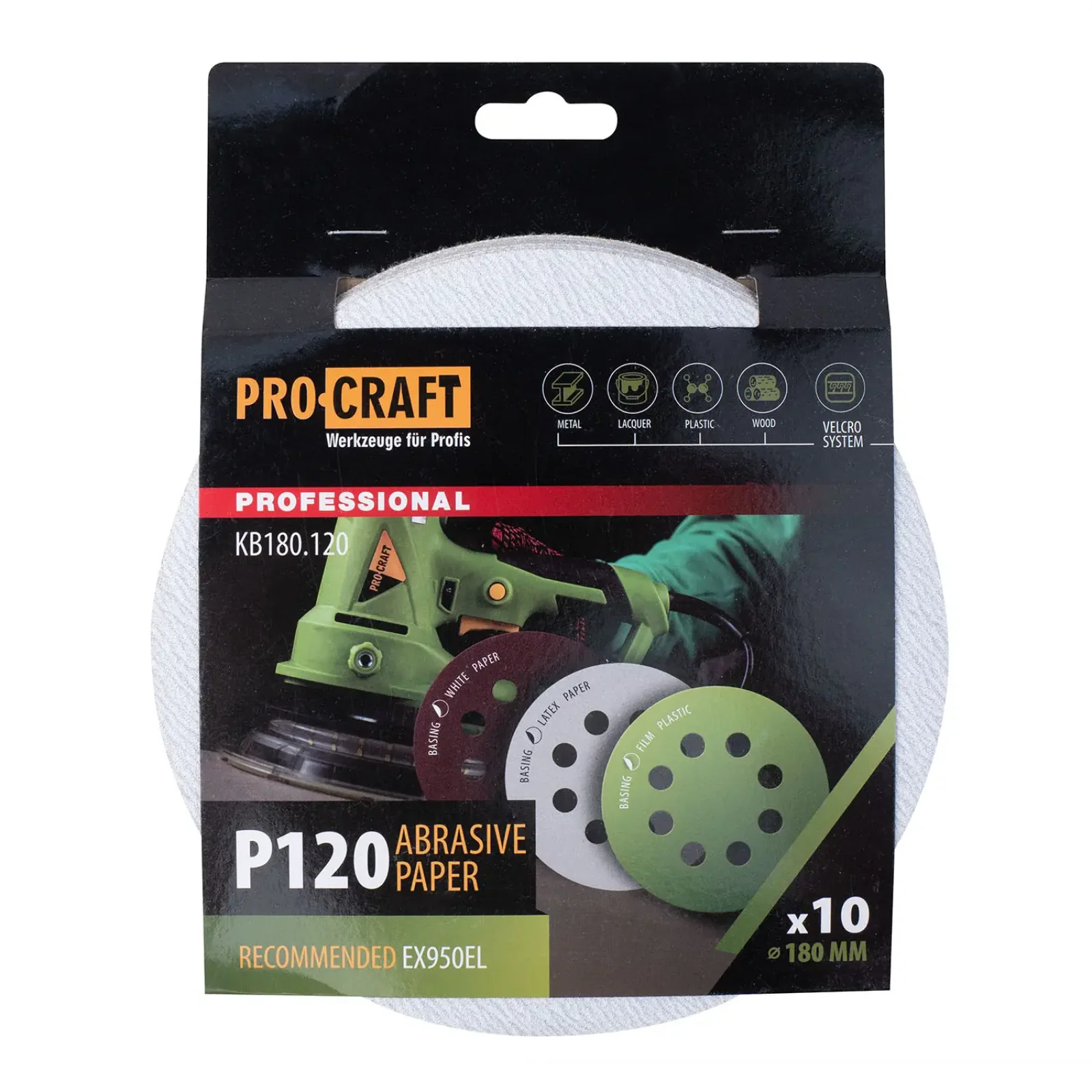 Круг шліфувальний самозачепний Procraft KB180.120 UNIVERSAL (набір 10 шт.) 8 отв. (KB180_120) UA