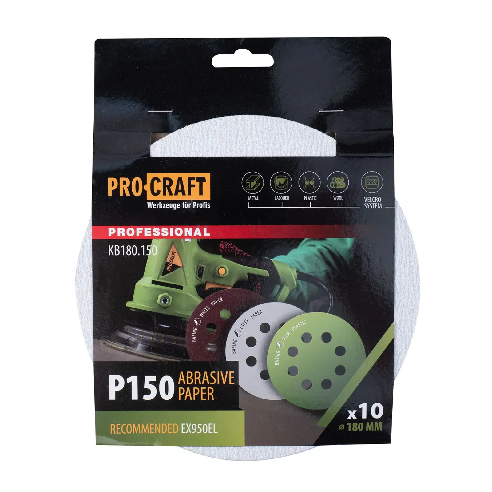 Круг шліфувальний самозачепний Procraft KB180.150 UNIVERSAL (набір 10 шт.) 8 отв. (KB180_150) UA