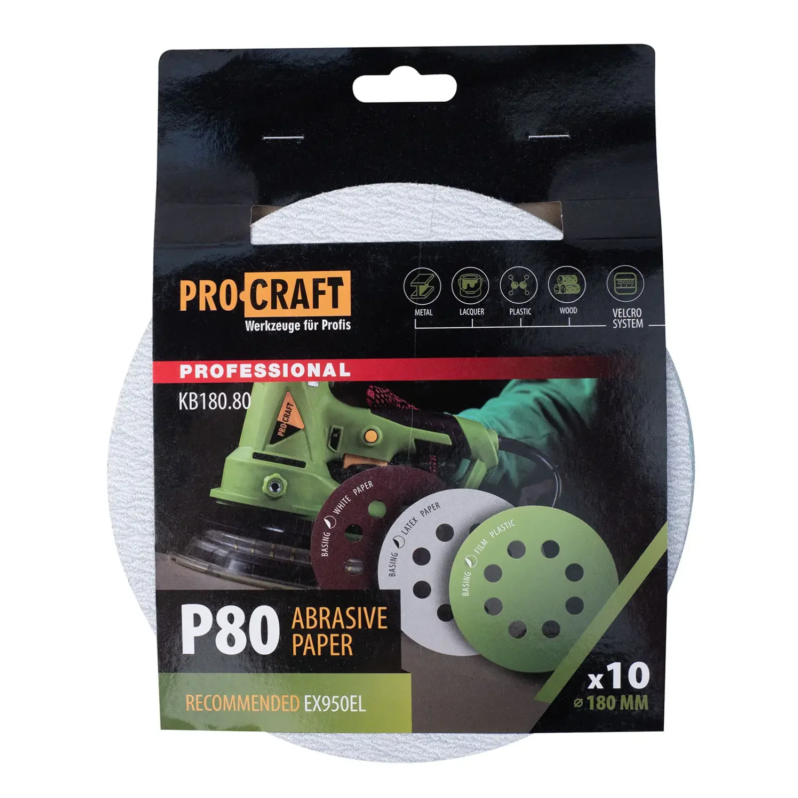 Круг шліфувальний самозачепний Procraft KB180.80 UNIVERSAL (набір 10 шт.) 8 отв. (KB180_80) UA