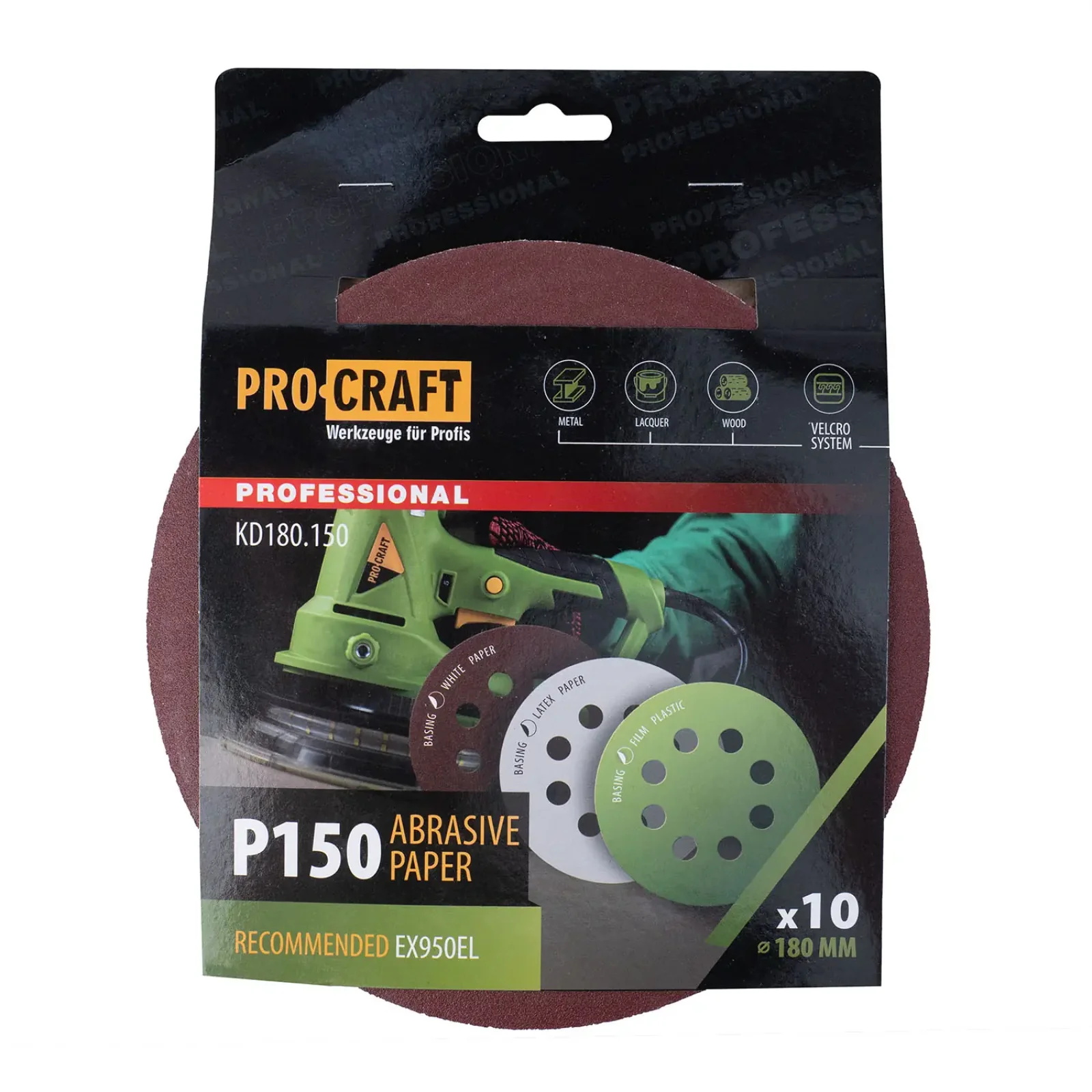 Круг шліфувальний самозачепний Procraft KD180.150 UNIVERSAL (набір 10 шт.) 8 отв. (KD180_150) UA