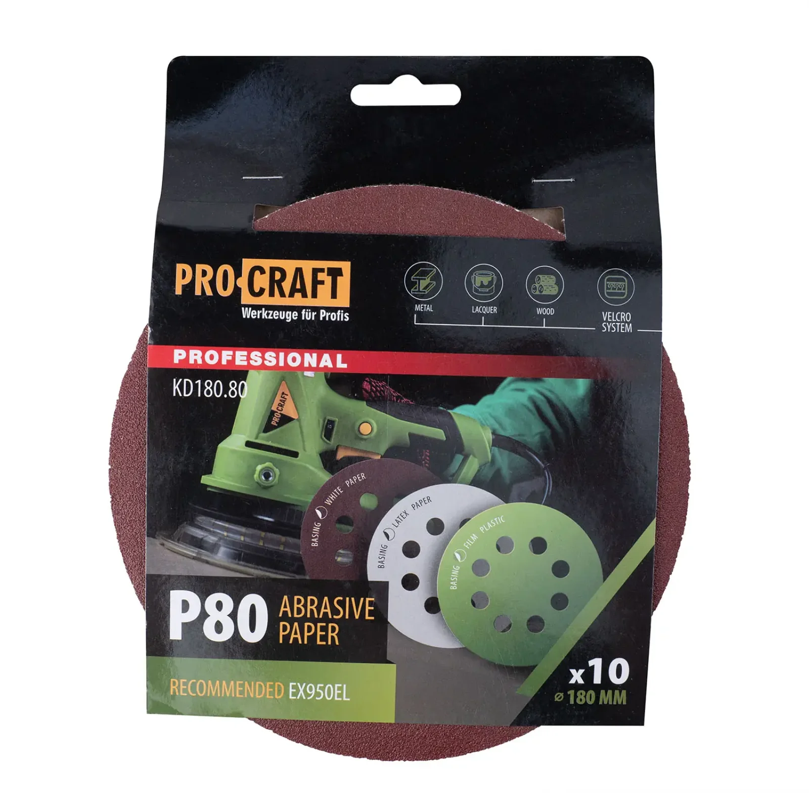 Круг шліфувальний самозачепний Procraft KD180.80 UNIVERSAL (набір 10 шт.) 8 отв. (KD180_80) UA