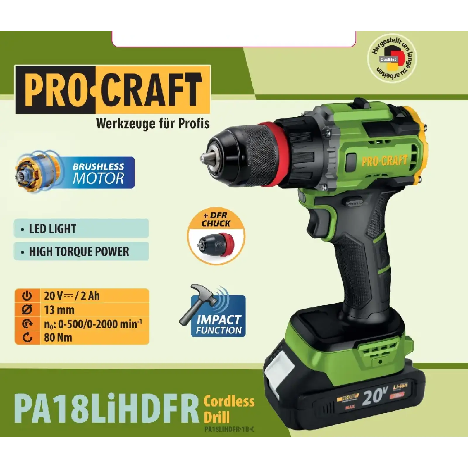 Шуруповерт Procraft PA18LiH DFR з ударом (1 акб і зп) (PA18LiHDFR_1bc) UA