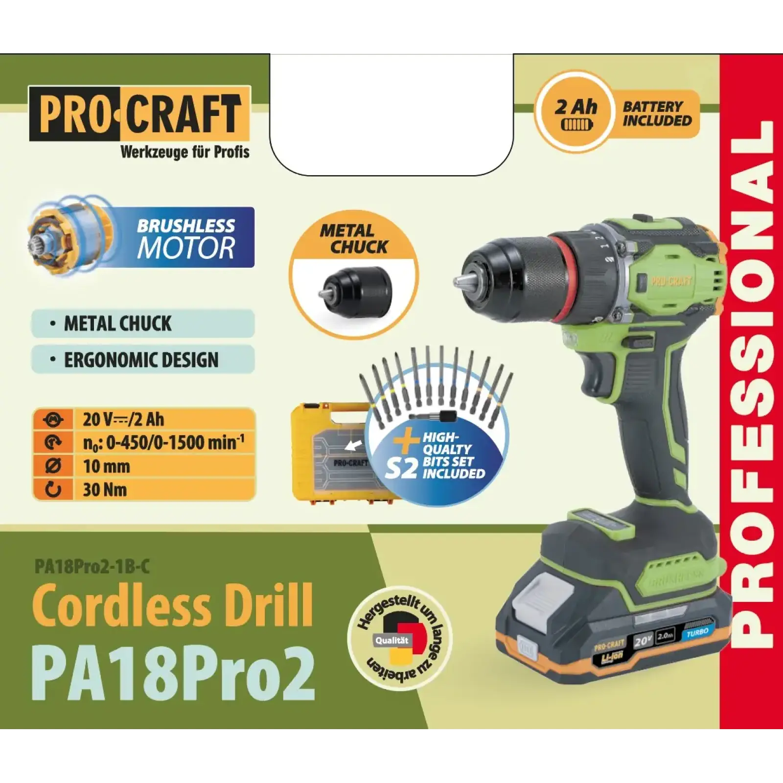 Шуруповерт Procraft PA18Pro2 (з 1 АКБ 2Аг) набір біт (PA18Pro2_1b) UA