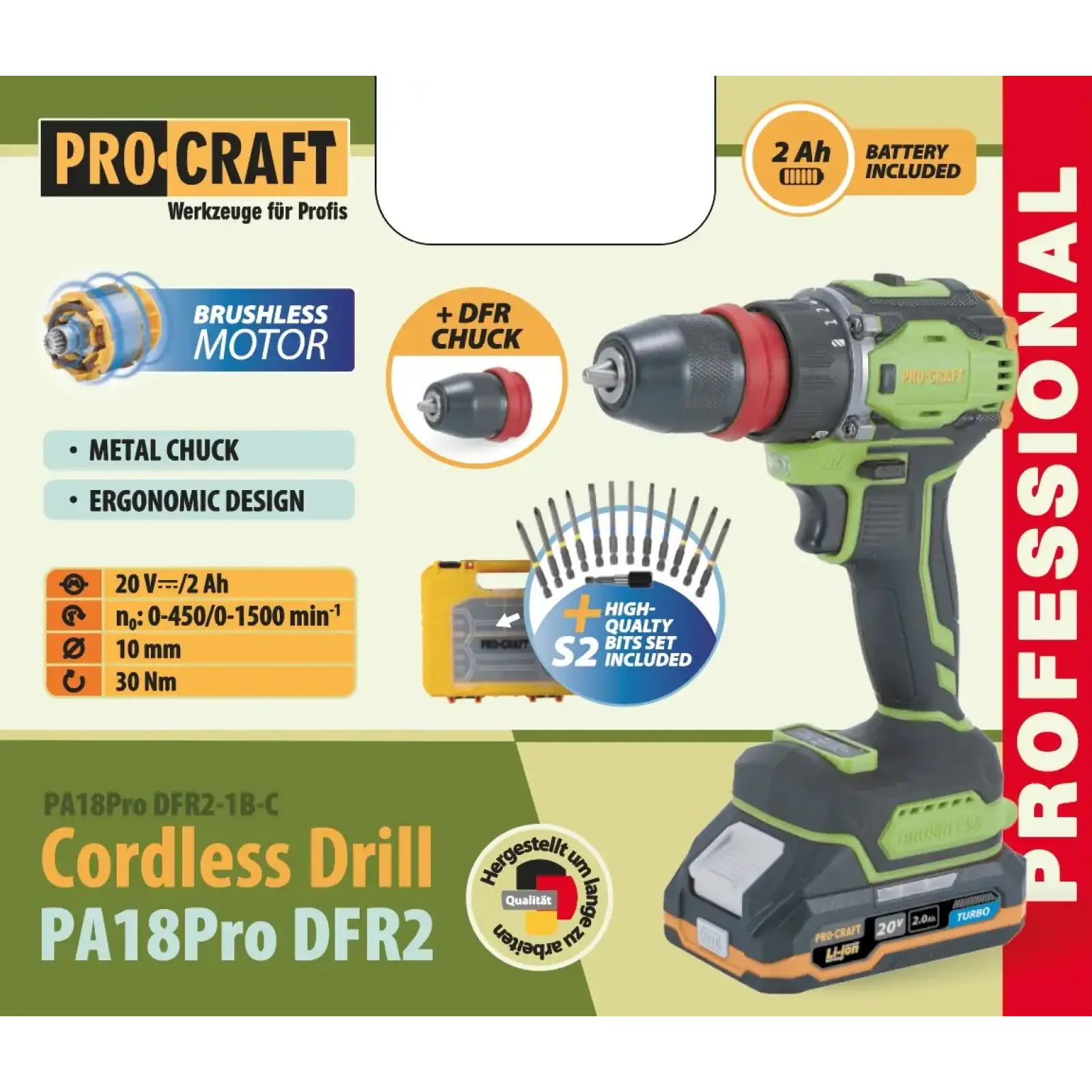 Шуруповерт Procraft PA18Pro DFR2 (з 1 АКБ 2Аг) набір біт (PA18ProDFR2_1b) UA