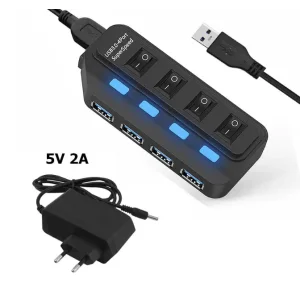 Хаб USB Lapara 4 порта USB 3.0 с 4-мя выключателеми ON/OFF для каждого порта, с БП 2А/5В, черный (LA-USB305) UA