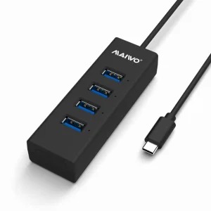 Хаб Maiwo USB Type-C to 4х USB3.0-порт, кабель 15 см, пластик, без БЖ, чорний (KH304C) UA