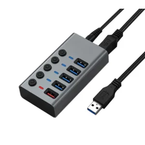 Хаб USB Dynamode 5 портів USB 3.0 -4*USB3.0 передача даних +1*2,4А зарядка, БЖ 2.5А/12В, метал сірий (DM-UH-P405-G) UA